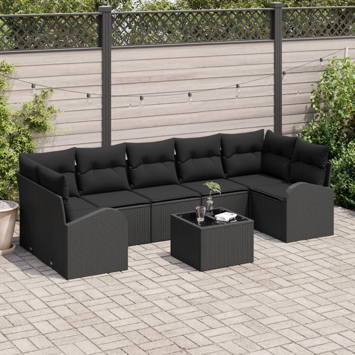 vidaXL Set de canapé de jardin 8 pièces avec coussins rattan poly noir 3345963