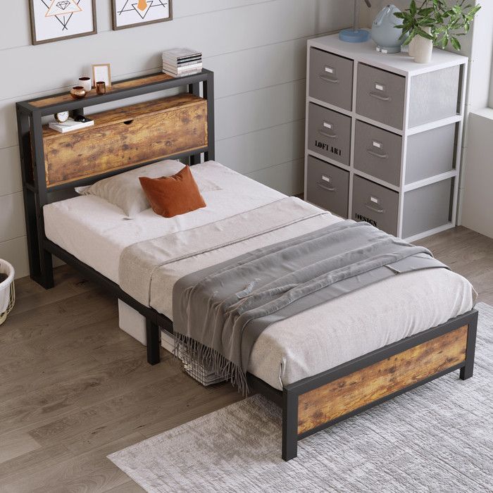 Lit simple 90 x 200 cm avec tête de lit en rangement Lit enfant avec cadre de lit en métallique Lit 1 Personne Noir