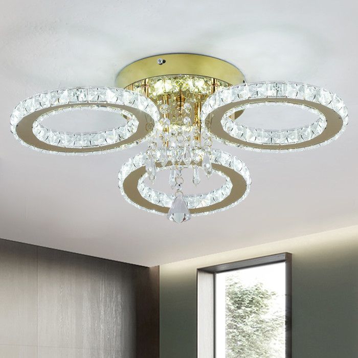 Luminosité réglable 3 anneaux de cristal dor LED plafond daspiration lampe de clocher salon