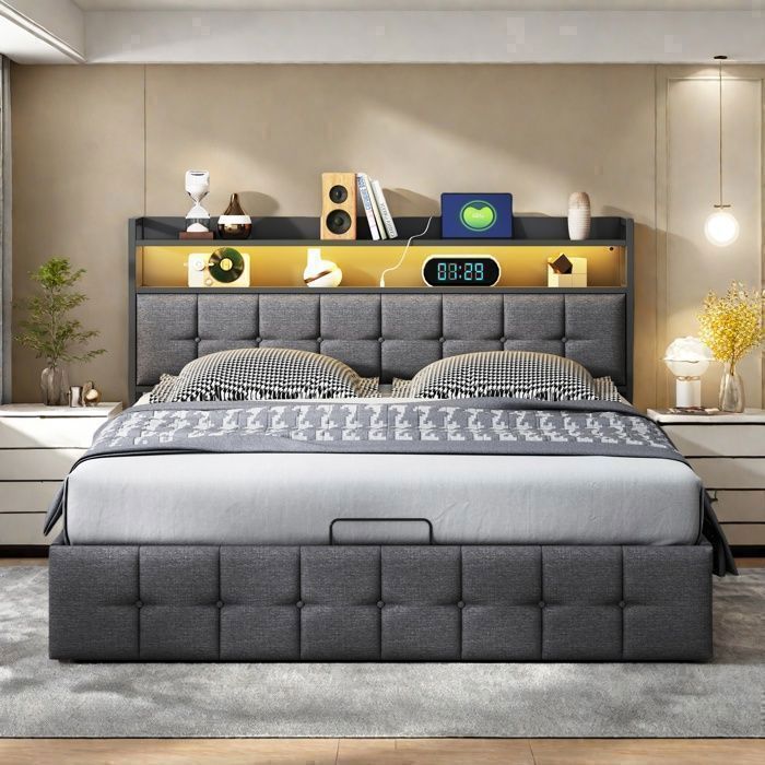 Lit Coffre 140x190 Lit double coffre avec LED et USB Lit 2 personnes avec rangement et tete de lit Lit double rembourré Gris Lin