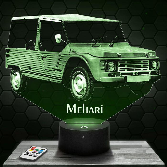 Lampe 3D - Citroën Mehari - Jouet Miniature Cadeau Citroën Mehari - Veilleuse Led Tactile avec socle au choix et télécommande