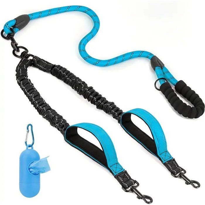 Laisse pour chien - Pour 2 chiens - Laisse pour chien - Laisse de promenade - Réfléchissante - Bleu - 1 pièce - Laisse double pour c