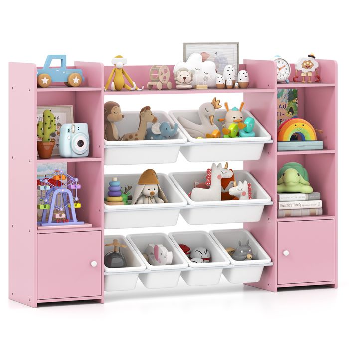 GOPLUS Étagère de Rangement pour Jouets dEnfants à 4 Niveaux avec 6 Compartiments et 8 Bacs Amovibles pour Salon Chambre Rose