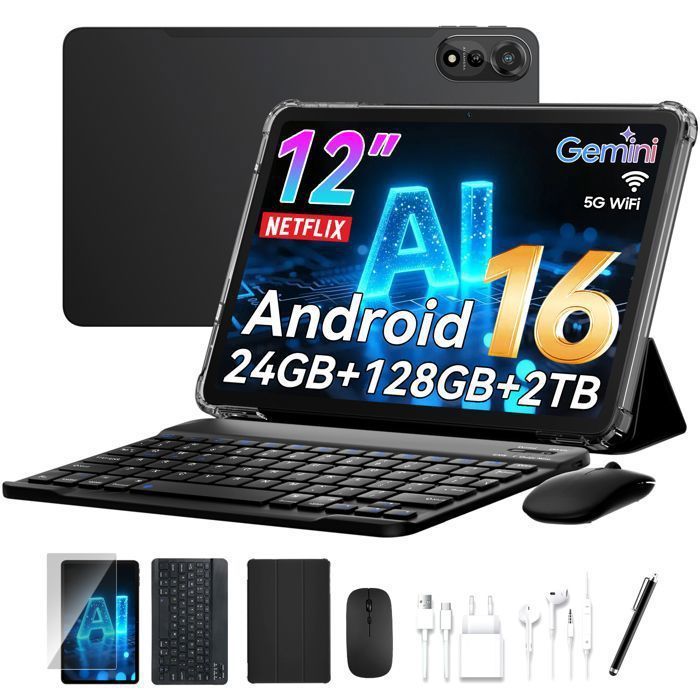 Tablette Tactile 12 Pouces Android 16 avec Clavier Souris Stylet24Go RAM 128Go ROM Ext. 2ToGemini AIDual SIM 5G WiFiGPS9000mAh