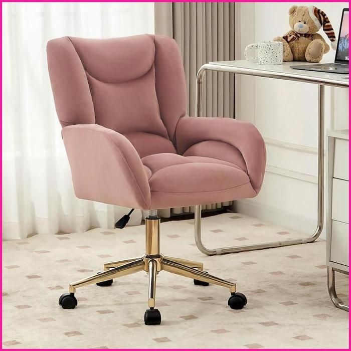 Chaise de Bureau Home Office Rose Velours – Pieds Dorés Réglable en Hauteur &amp  Rotative 360°