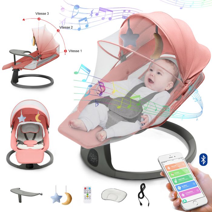 Balancelle Transat Bébé Électrique 3 en 1 avec Télécommande Pédale Table à manger 5 Modes balancement Bluetooth Musique - Rose