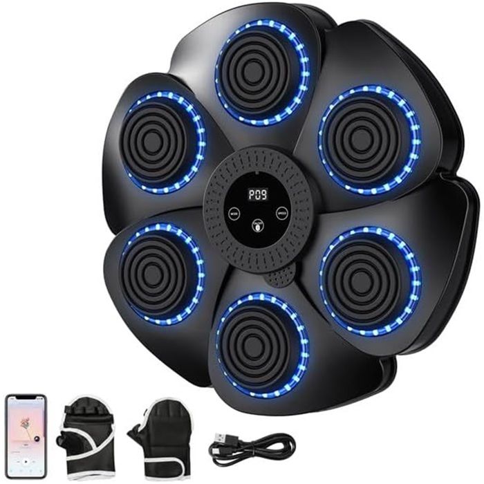 Machine de Boxe Musicale Bluetooth Intelligent - avec Lumières RGB Compteur Automatique 9 Modes de Rythme Gants de Boxe Inclus