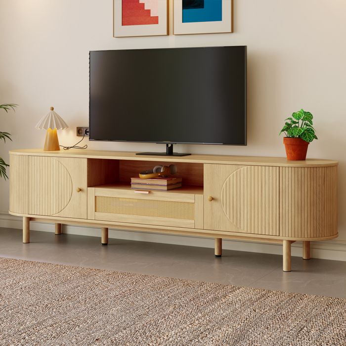 Meuble TV avec rangement. compartiments ouverts. 2 portes et 1 tiroir. pieds en métal. meuble de salon. MDF. naturelle