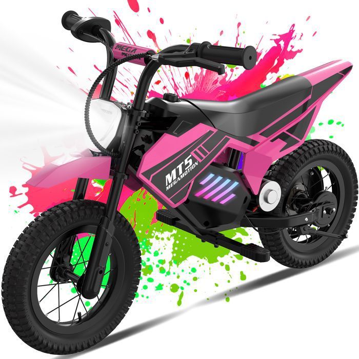 MEGAMOTION Moto &eacute;lectrique enfant Rose 150W, 2 vitesses 8-16 km/h, pneus tout-terrain 12"", autonomie 10 km, id&eacute;e cadeau