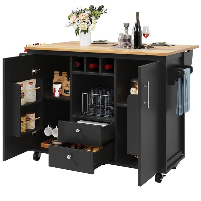 Îlot de Cuisine MobileAvec 2 tiroirs et PortesBuffet Mobile avec table Extensible120 x 73 (45) x 92 cmNoir
