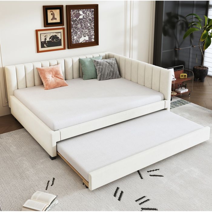 Lit banquette rembourré beige avec couchage gigogne et tête de lit en velours