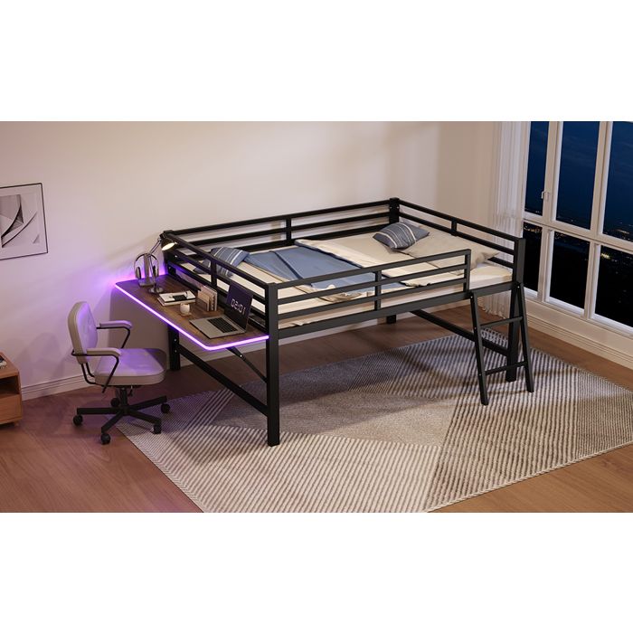 Lit mezzanine 140 x 200 cm EVRYAE en métal noir avec bureau pliant échelle barrières de sécurité et LED