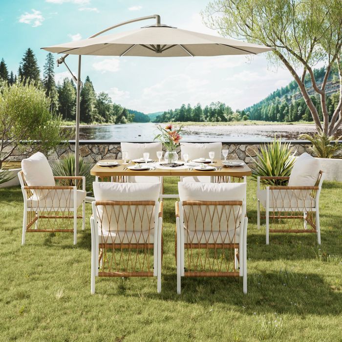 Salon de jardin avec 6 chaises et table 159 5 cm table effet bois coussins beige