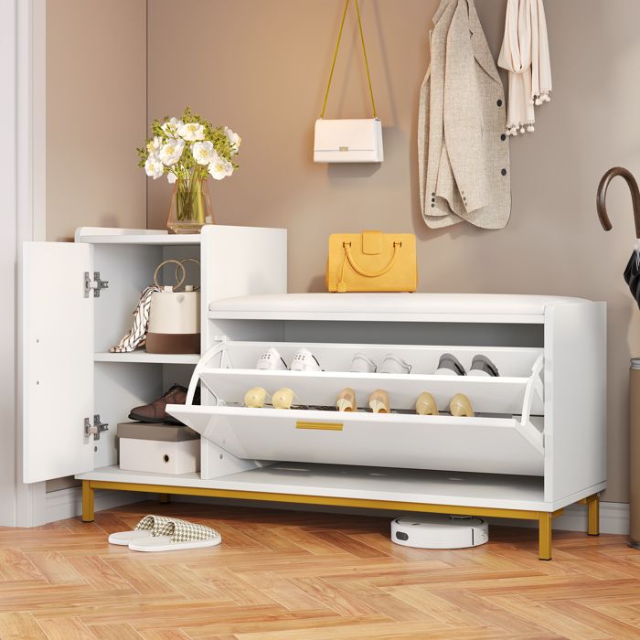 Armoire à chaussures blanche et or assise rembourrée pieds métalliques rangement spacieux salon entrée bureau