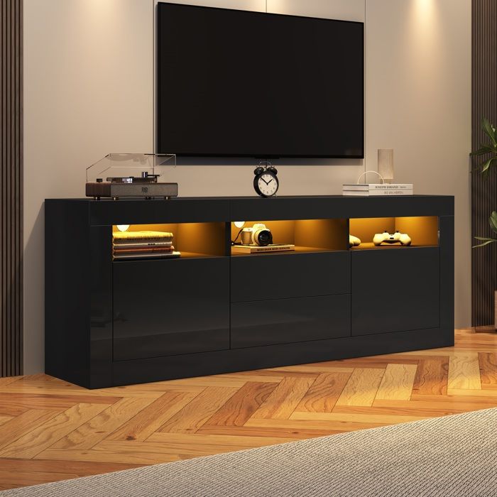 Meuble TV haut brillant 160 cm avec éclairage LED 3 étagères ouvertes 2 portes 2 tiroirs Pour téléviseurs jusquà 70 pouces