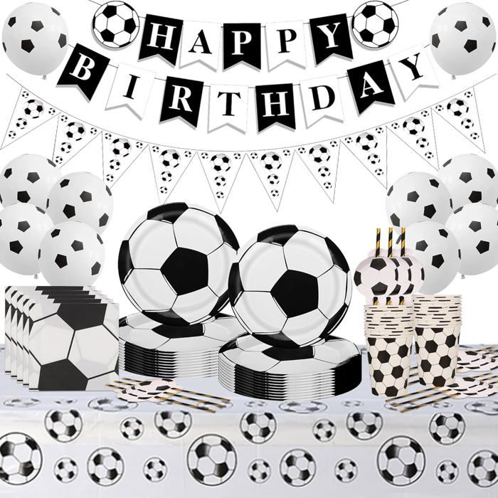 Ensemble De Vaisselle De Décoration DAnniversaire De Football - Ballons De Football Pour Garçon - Bannière Happy Birthday - Fourn