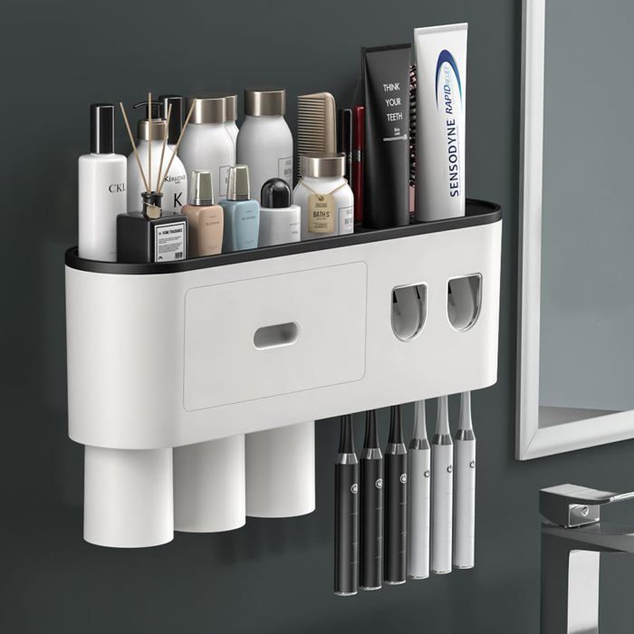 Distributeur double de dentifrice avec porte-brosses mural 6 emplacements 3 gobelets magnétiques et tiroir de rangement intégré.