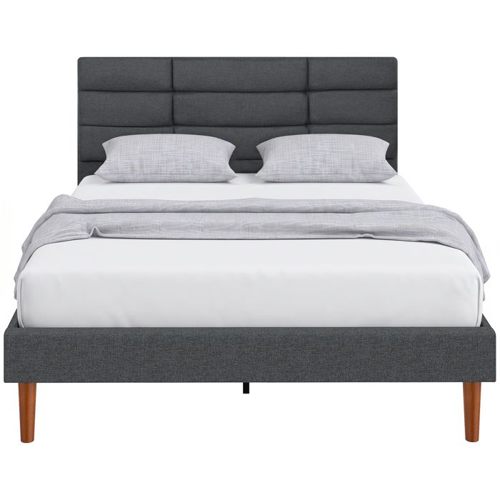 Cadre de lit - HOMCOM - 140 x 200 cm - rangement au-dessous - sans bruit - sommier bois - rembourré en effet lin - gris Cadre de lit - HOMCOM - 140 x 200 cm - rangement au-dessous - sans bruit - sommier bois - rembourré en effet lin - gris