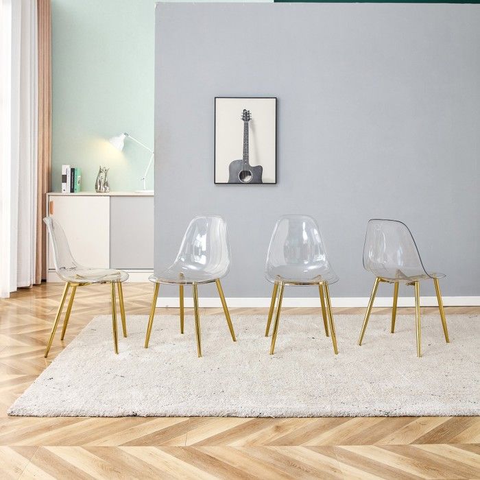 Lot de 4 chaises salle à manger plastique transparent pieds métal doré stable antidérapant design minimaliste 44x457x83cm