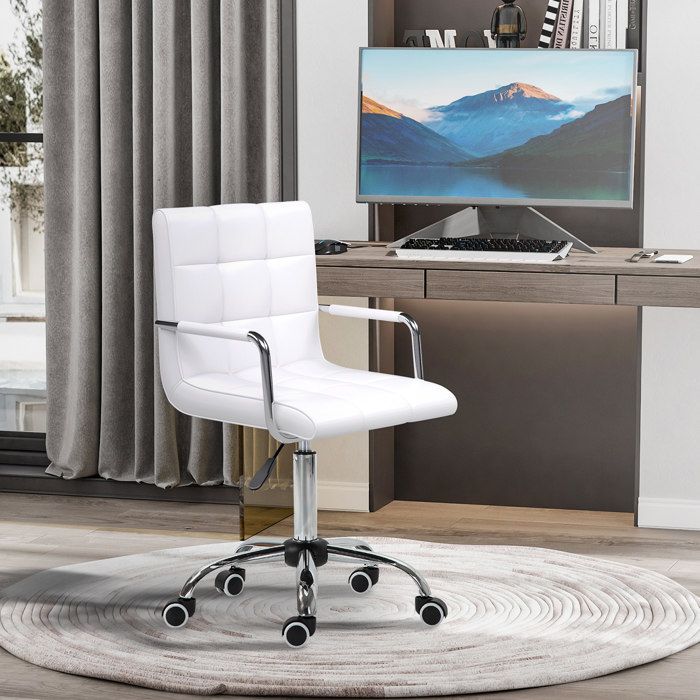 Chaise de bureau pivotante reglable en hauteur 50-65 cm en PVC blanc avec accoudoirs et roulettes