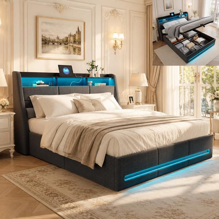 Lit Coffre 160x200 avec Sommier et rangement lit capitonné avec LED et USB Lit Rembourré en lin 2 Personnes Gris Lit Coffre 160x200 avec Sommier et rangement lit capitonné avec LED et USB Lit Rembourré en lin 2 Personnes Gris