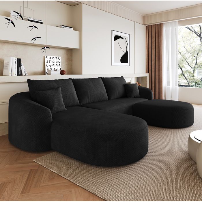 Canapé Panoramique en U 5 Places Compressé Sans Montage - YEAVIO - Modulable en Chenille Noire 266 × 168 × 85 cm