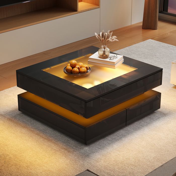 Table basse carree 70 x 70 x 35 cm avec plateau en verre LED par application 3 tiroirs noir brillant