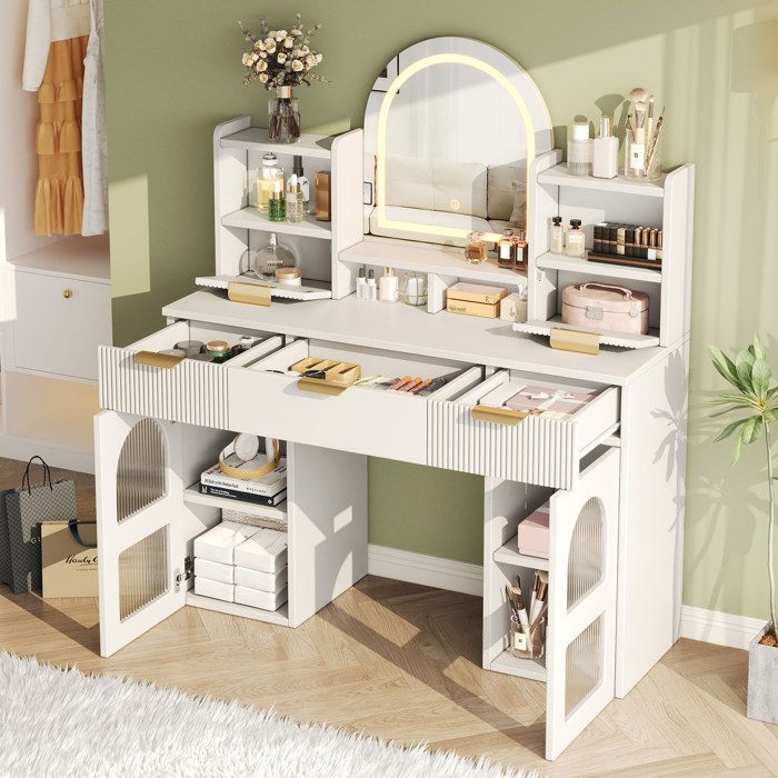 Coiffeuse avec miroir LED 3 tiroirs et 2 portes en verre - pour chambre - 120×40×139 5 cm - blanc
