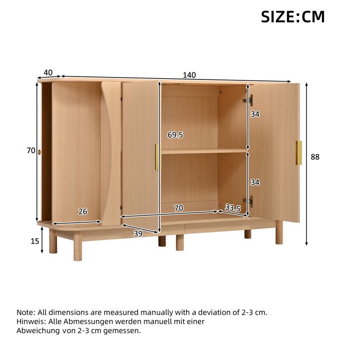 Buffet bas 140 x 40 x 88 cm bahut de rangement en MDF aspect bois naturel avec 3 compartiments et étagère réglable ORVRYN