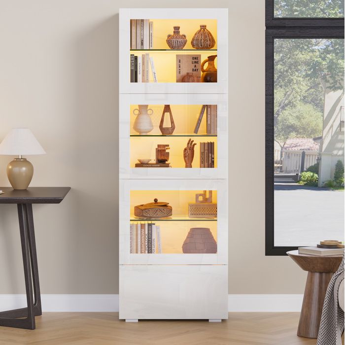 Vitrine Blanche Brillante 3 Portes Acrylique Buffet Haut Design FloraGrace Pour Salon Avec LED Et 1 Tiroir 60x40x173cm