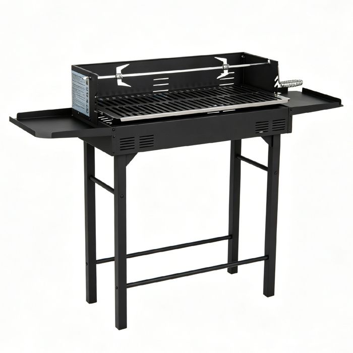 COSTWAY  Barbecue à Charbon de Bois avec Grille Réglable à 3 Niveaux Broche Tournante pour Camping Pique-nique Voyage