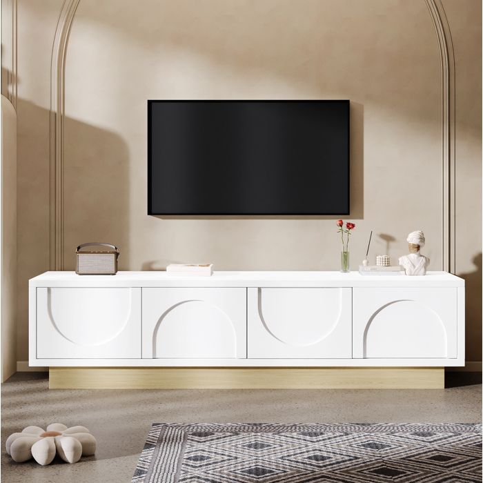 Meuble TV 175 cm 4 Portes Ouverture par Pression et Passe-cables - BEAUNIV - Blanc Aspect Bois 175×40×415 cm
