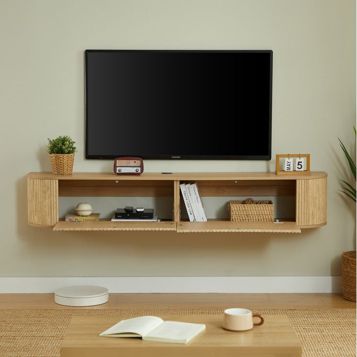 WUVRIE Meuble TV suspendu 180 cm rangement fermé passage de câbles bois naturel