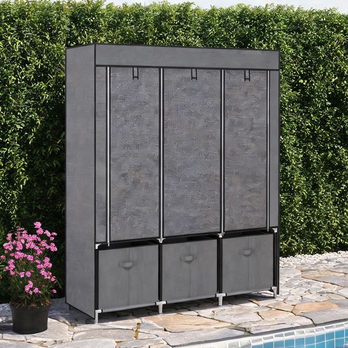Penderie pliante en acier soft gray 125 x 43 x 162 5 cm avec housse non-tissée et rangements modulables