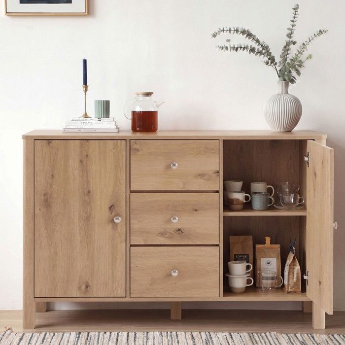 Buffet bahut 120x40x80cm finition chêne 3 tiroirs 2 portes meuble rangement salon salle à manger chambre Buffet bahut 120x40x80cm finition chêne 3 tiroirs 2 portes meuble rangement salon salle à manger chambre