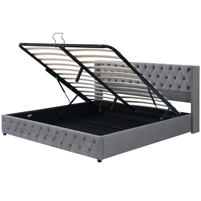 Lit double 160x200 cm en flanelle avec tête et pied de lit rembourrés double rangée de clous coffre hydraulique gris