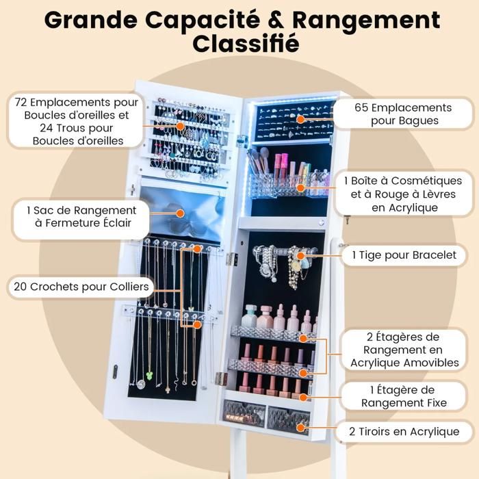 Montage facile armoire à bijoux sur pied avec miroir LED 3 couleurs rangement verrouillable angle réglable