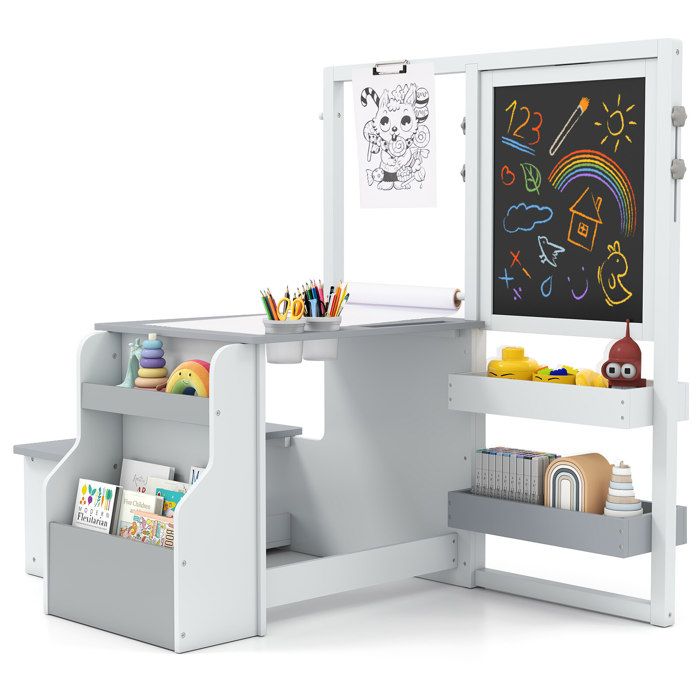 Assemblage facile table dart enfant avec banc chevalet réglable double face tableau noir et blanc