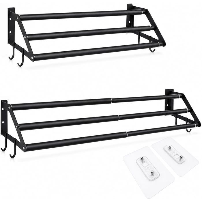 Porte-Serviettes De Salle De Bain À 3 Couches Sans Perçage 34 5 À 62Cm Extensible Noir En Acier Inoxydable Montage Mural Adh[BI113]