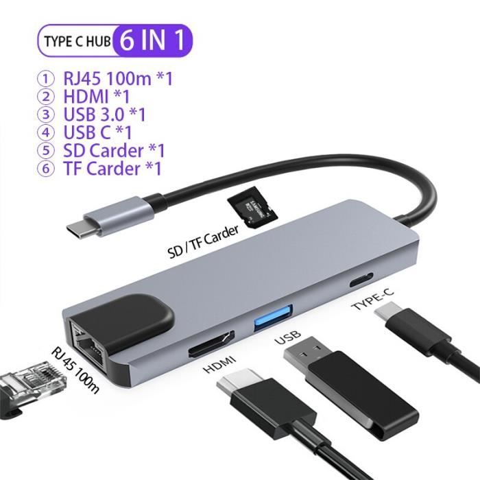 USB C 6 en 1 A - HUB USB C Type C adaptateur HDMI RJ45 VGA carte SD TF USB  3.0 PD Station'accueil de charge p