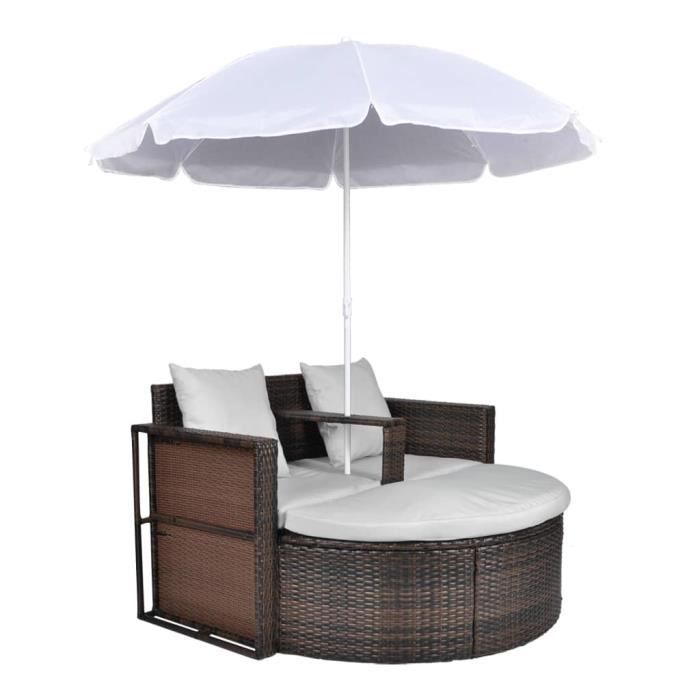 Lit de jardin avec parasol Marron Résine tressée-AKO7677430970178-ZON7677430970178