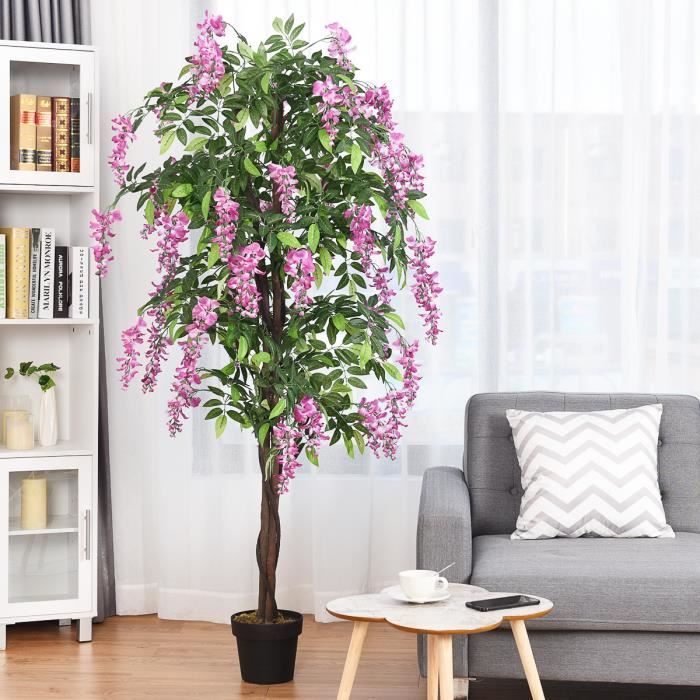 Plante Artificielle avec Fausses Fleurs Roses 180cm Faux Arbre avec Pot