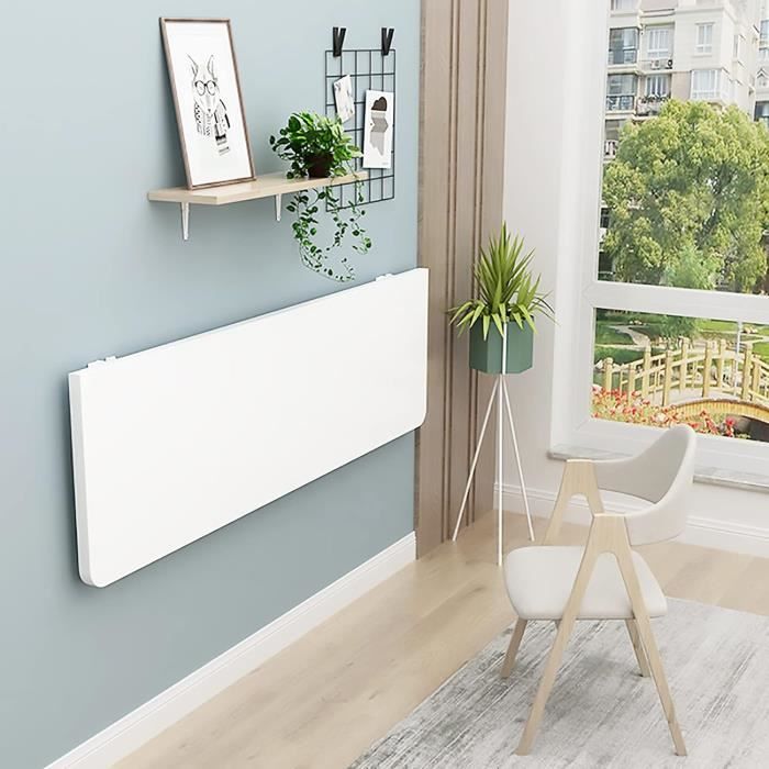 Table Pliante Murale 100x50 Cm - Bureau Ou Table à Manger Escamotable | Finition Pierre Blanche - 4