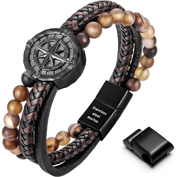Bracelet Homme Speroto – Cuir Véritable, Noir Et Marron, Fermoir Magnétique Acier Inoxydable, Longueur 22cm, Ajustable, Cadeau Idéal