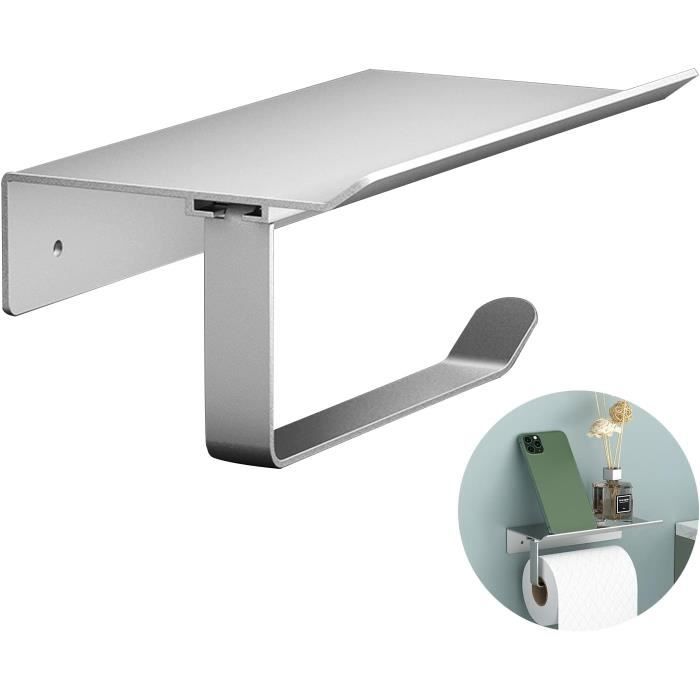 Porte Rouleau Papier Toilette Adhésif Sans Percage Avec Étagère Bambou 2 En 1 - Support Mural Blanc