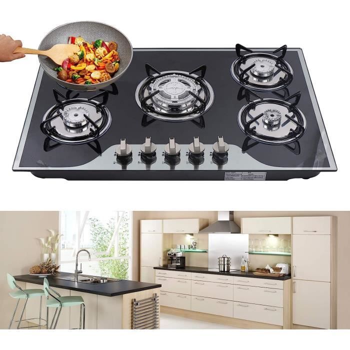 Plaque de cuisson à gaz encastrée 5 flammes en acier inoxydable, 5