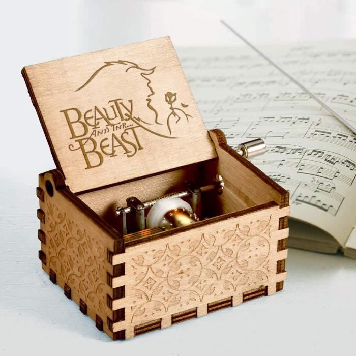 Mini Boîte à Musique Personnalisée La Belle Et La Bête – 18 Notes, Bois Vintage Gravé Laser, Manivelle Romantique, Idéal Cadeau Anniversaire Ou Saint-Valentin