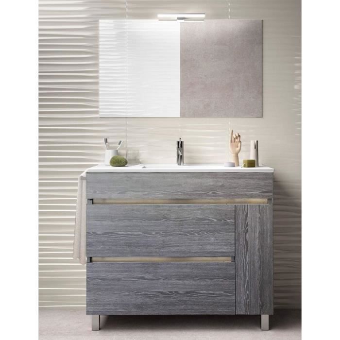 Meuble de salle de bain Hemera avec lavabo miroir et lumière LED gris 60x82x45cm - Armoire de rangement