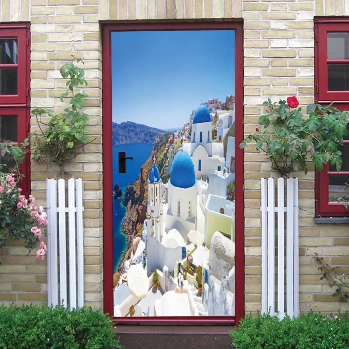 Sticker Mural Effet 3D 'Ville Italie & Canaux' - Autocollant PVC Amovible Pour Porte Ou Mur 77x200 Cm (2 Pièces)