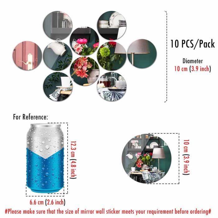 10 Miroirs Ronds Acrylique Autocollants - 10cm - Déco Murale DIY Pour Maison